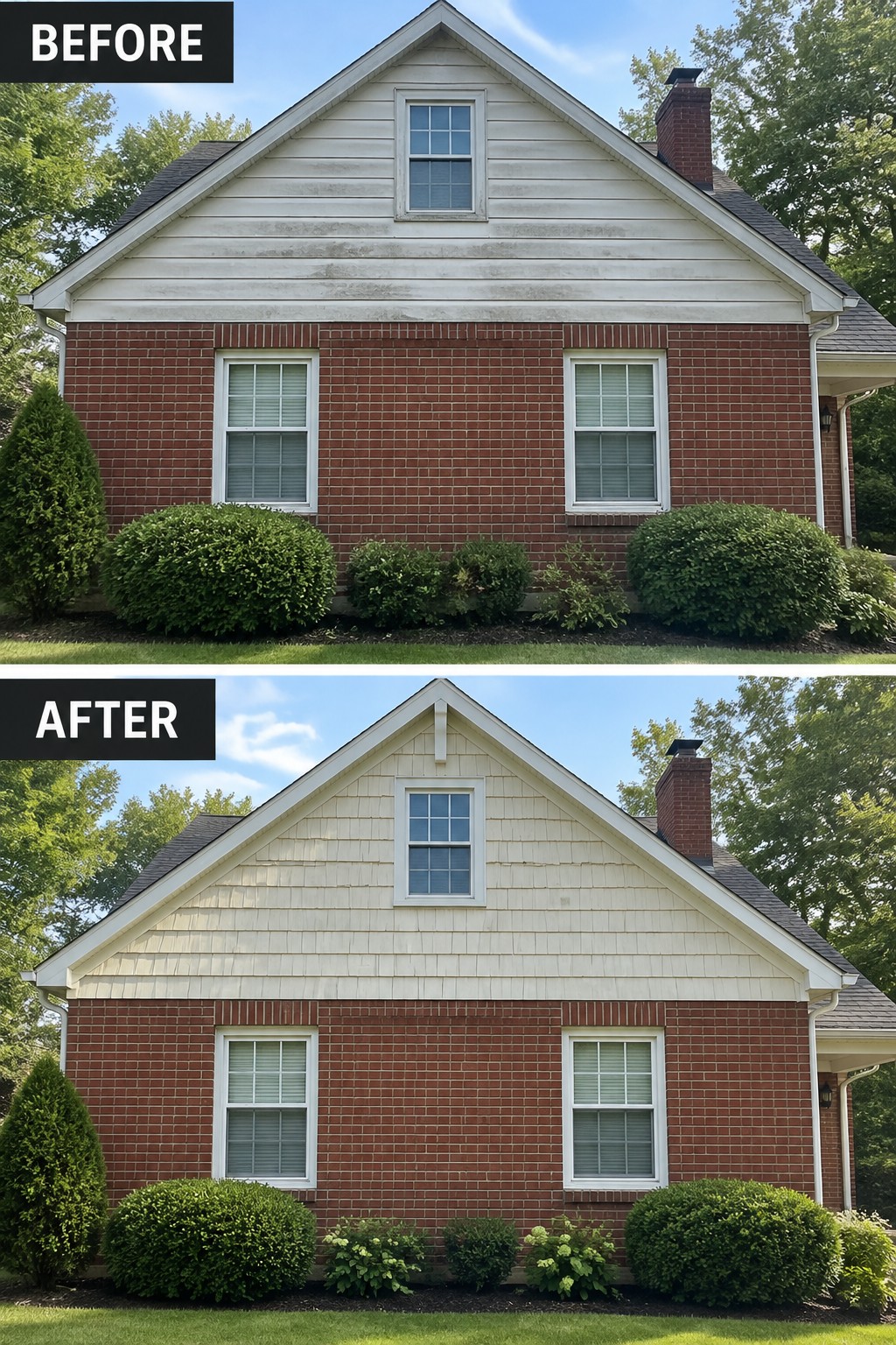 Before-and-after makeover image of a red-brick house with weathered horizontal gable siding replaced by light shingle-style siding.