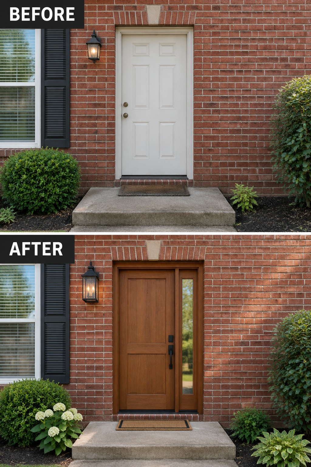 Before-and-after makeover image of a red-brick home entry, with a plain white door replaced by a wood door with a narrow glass panel.