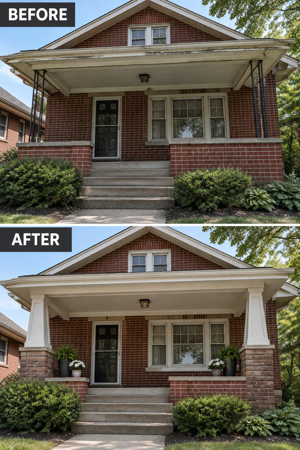 Before-and-after image of a red-brick house with thin porch supports replaced by larger white columns on brick bases.