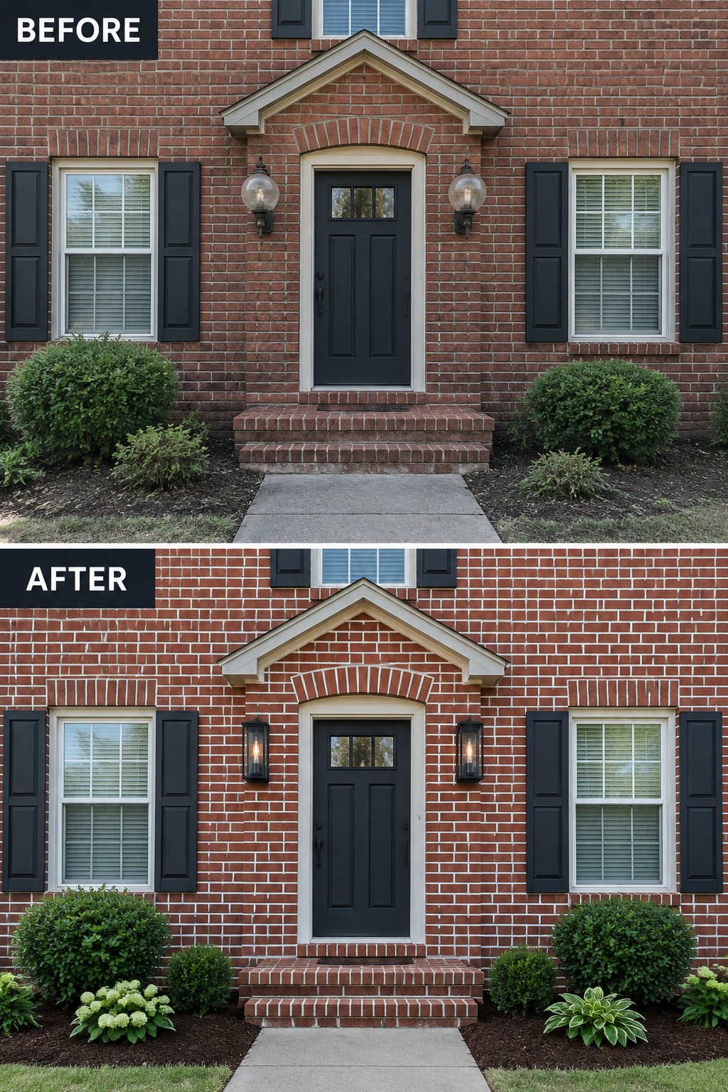 Before-and-after makeover image of a red-brick home entry with old globe lights replaced by dark lantern-style fixtures.