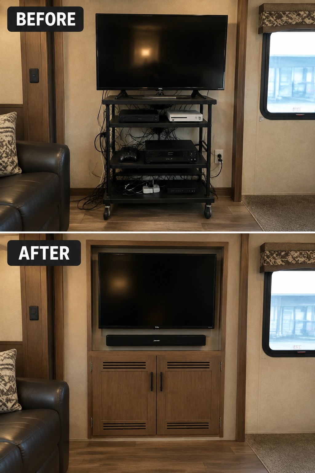 Before-and-after image of an RV entertainment area changed from a TV on an open equipment rack to a recessed TV above a built-in cabinet.