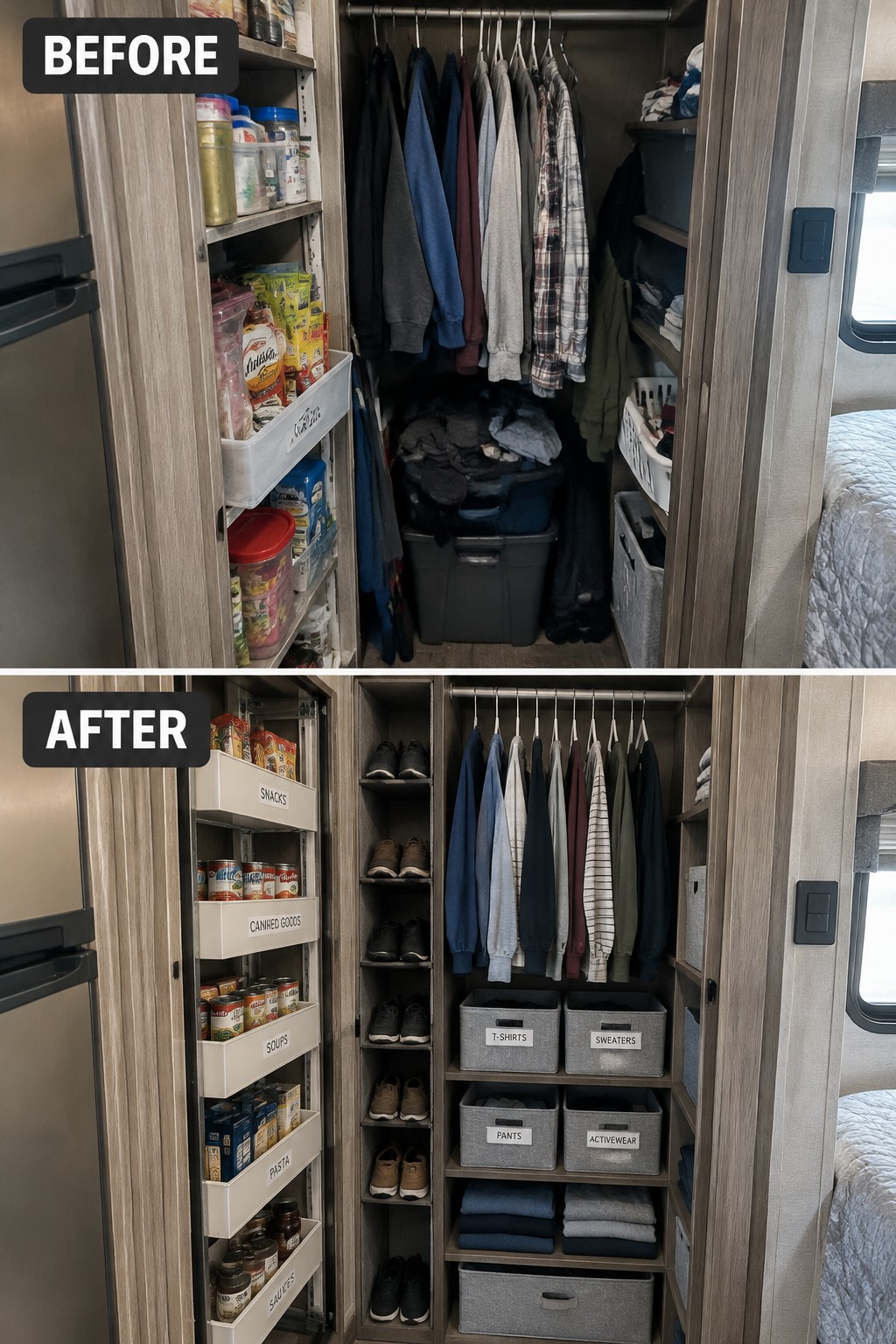Before-and-after image of a cluttered RV closet reorganized with labeled pantry shelves, shoe storage, hanging clothes, and clothing bins.