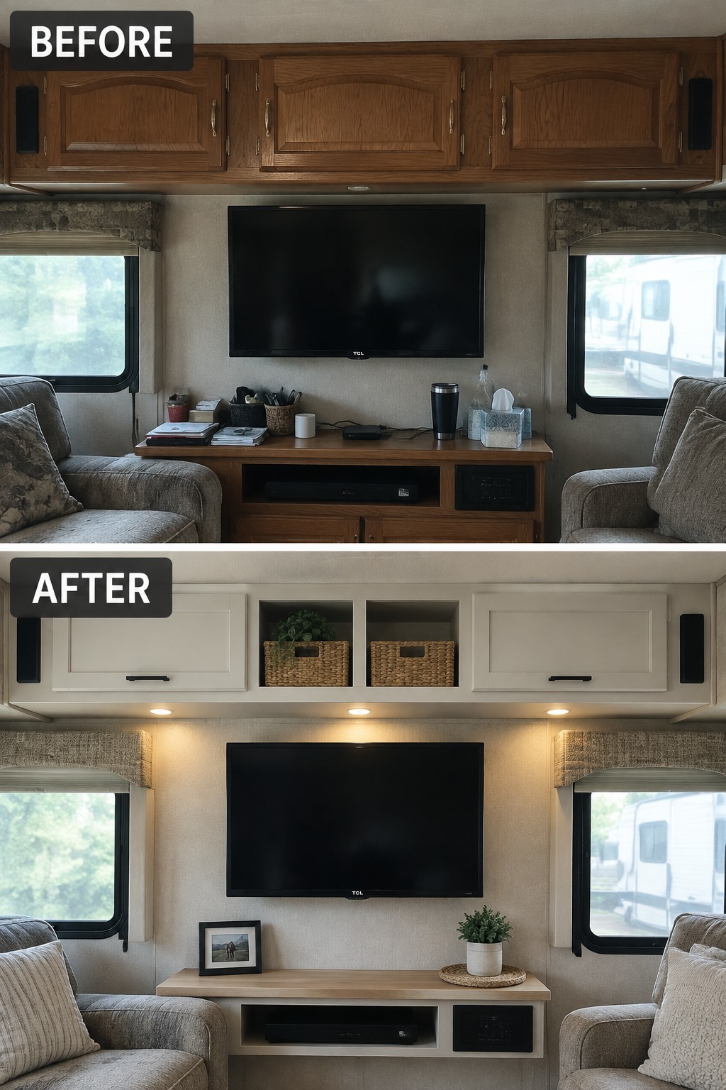 Before-and-after makeover image of an RV living area with dark wood overhead cabinets replaced by light cabinets and open cubbies.