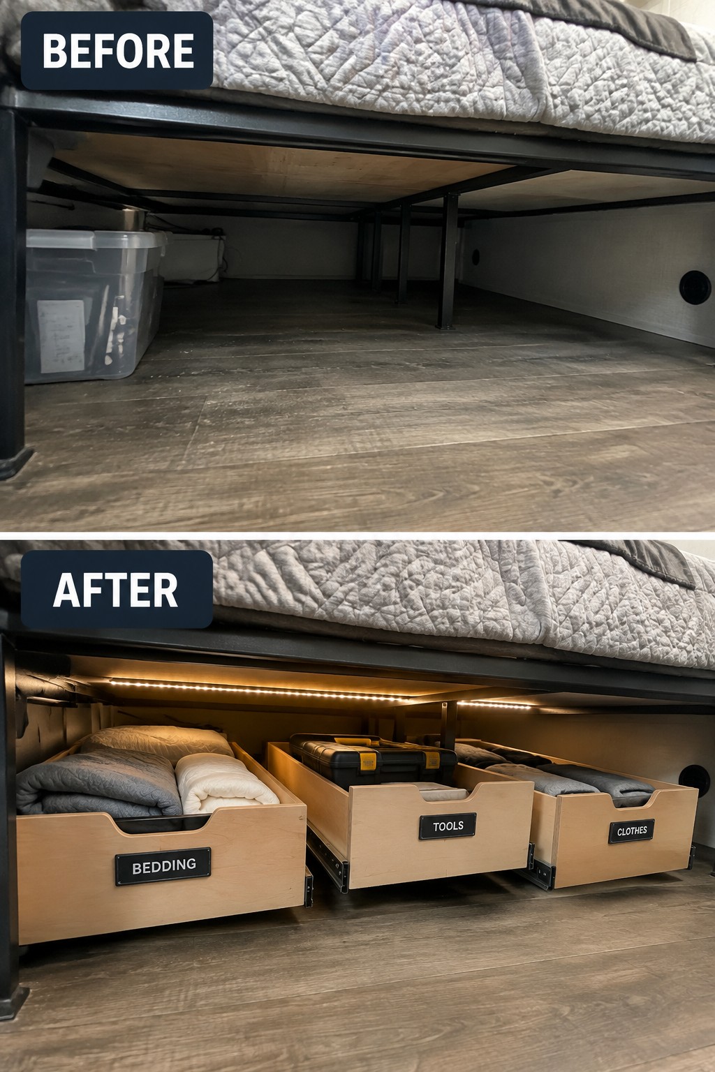 Before-and-after makeover image of open space under an RV bed changed into labeled pull-out storage drawers with interior lighting.