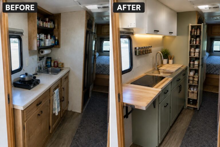 24 Impressive RV Remodel Before and After Transformations for Space-Saving Interiors Before-and-after makeover image of an RV kitchen changed from open wooden shelving and older counters to closed cabinets, updated counters, and a more organized work area.