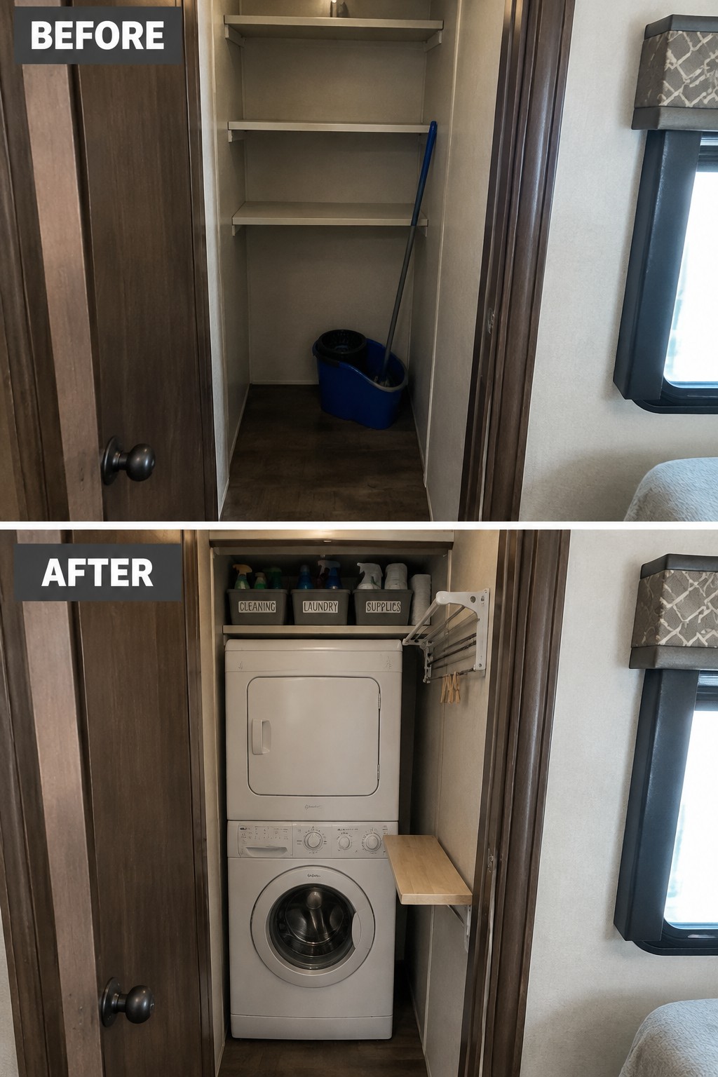 Before-and-after makeover image of an empty RV closet converted into a laundry area with stacked washer and dryer, supply bins, and a fold-down drying rack.