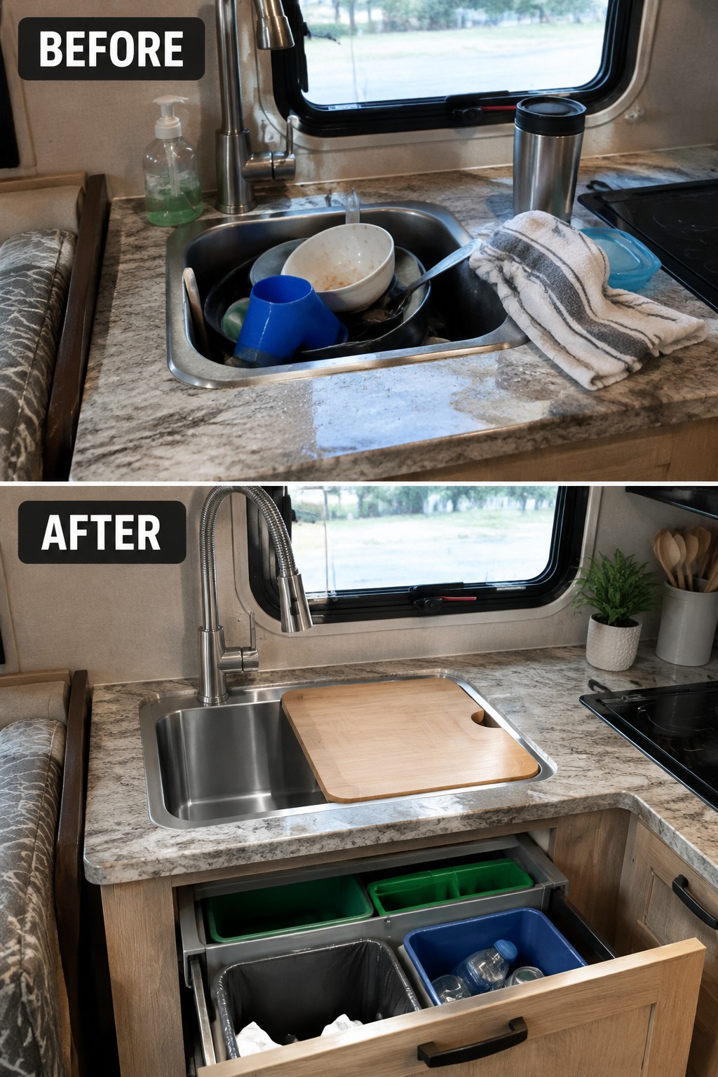 Before-and-after image of a cluttered RV sink area cleared and fitted with a wooden cutting board over the sink.