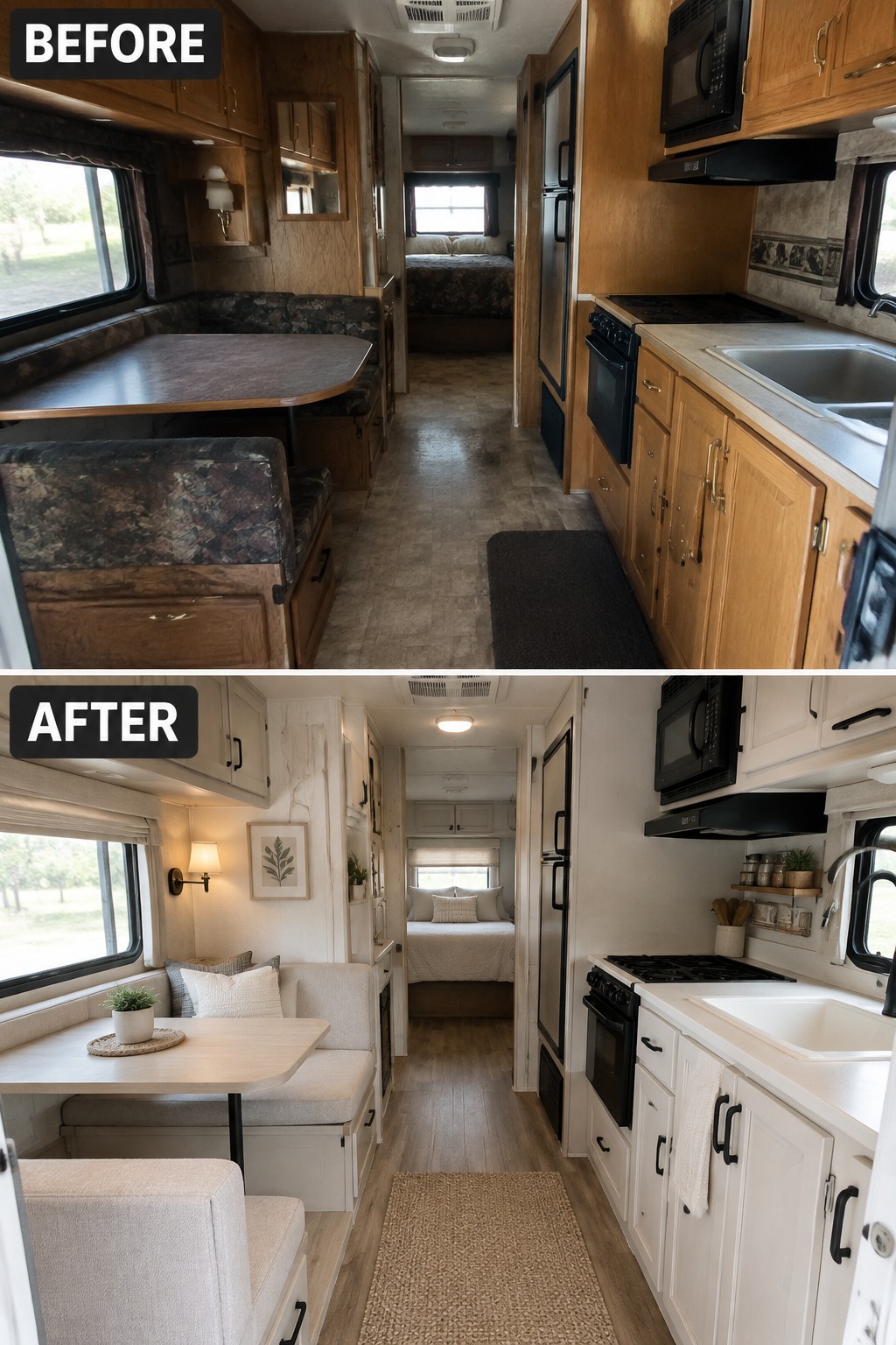 Before-and-after image of an RV interior updated from dark wood cabinets and patterned seating to white cabinets and light upholstery.