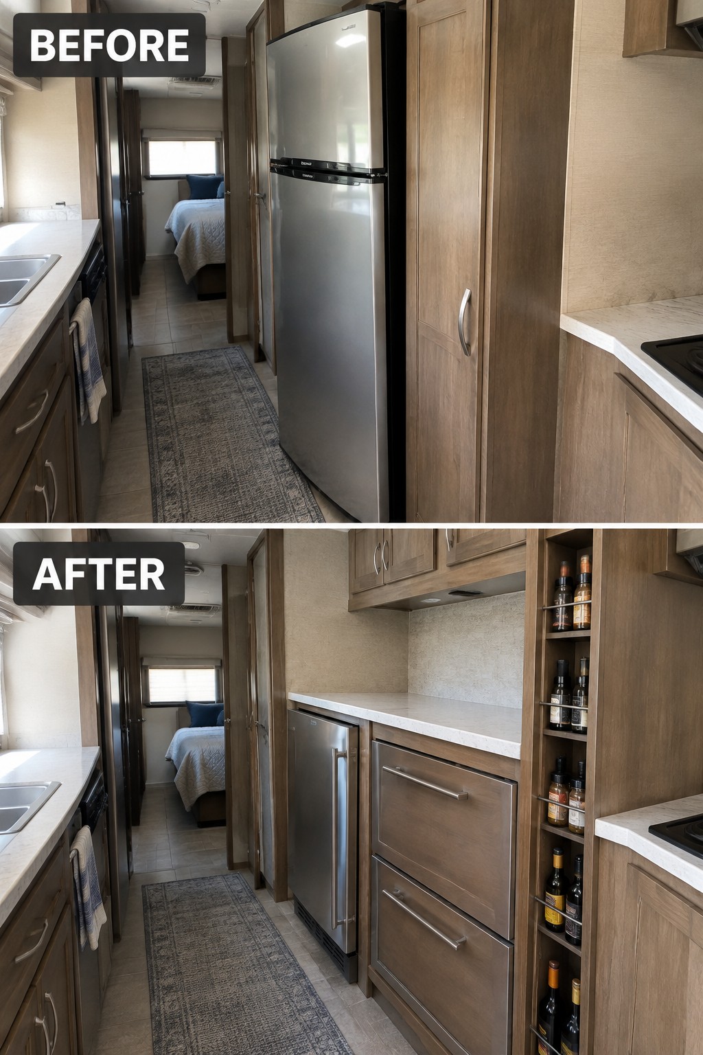 Before-and-after makeover image of a narrow RV kitchen with a tall refrigerator replaced by a compact under-counter refrigerator and freezer drawers.