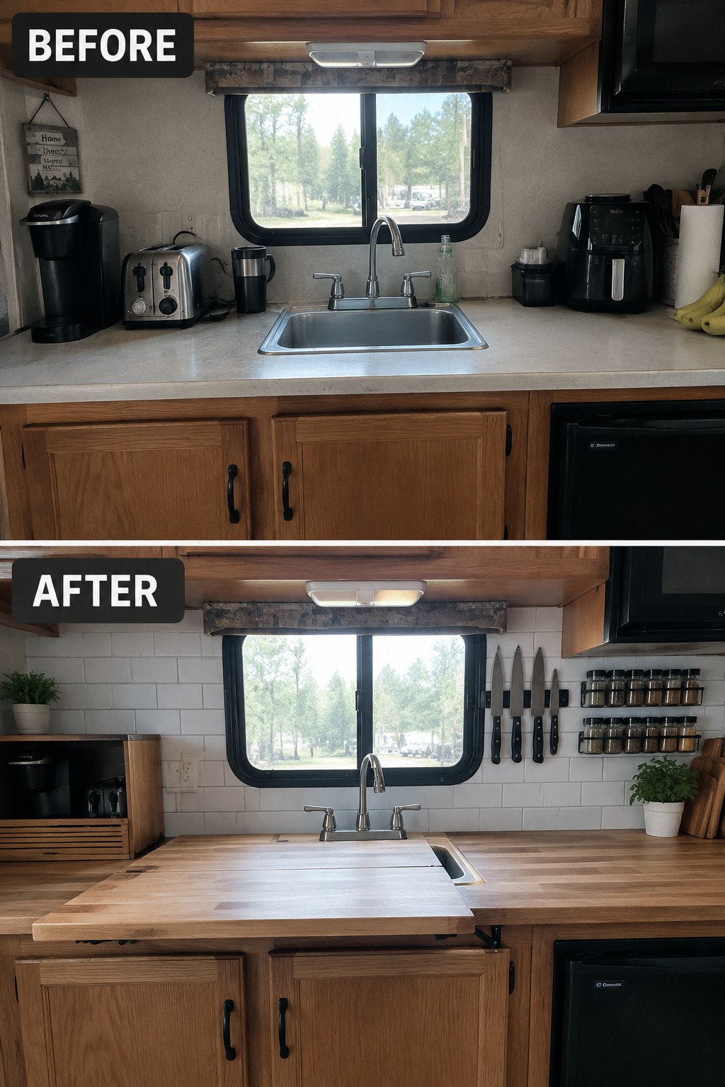 Before-and-after makeover image of an RV kitchen with a plain counter and sink changed to a kitchen with a butcher-block work surface covering part of the sink.