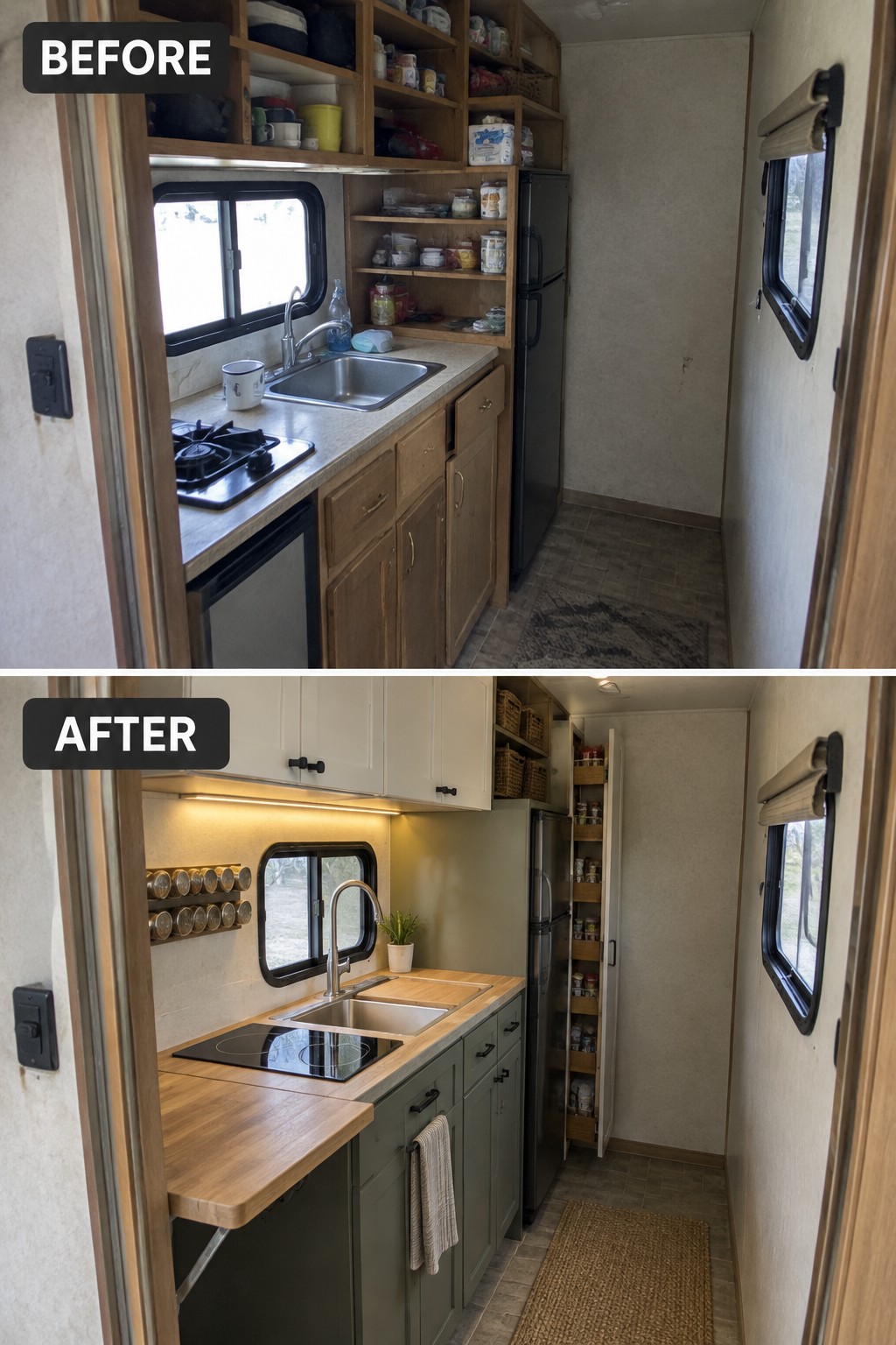 Before-and-after makeover image of an RV kitchen changed from open wooden shelving and older counters to closed cabinets, updated counters, and a more organized work area.