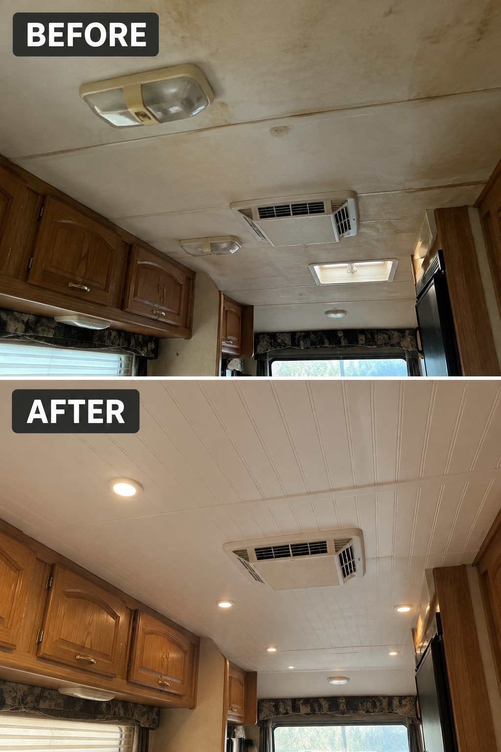 Before-and-after makeover image of an RV ceiling changed from stained beige panels to clean white panels with recessed lights.