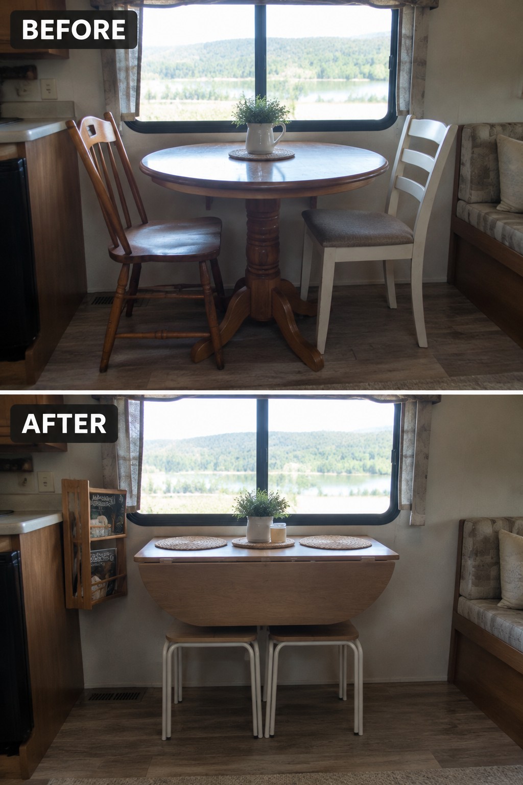 Before-and-after makeover image of an RV dining nook changed from a large pedestal table and chairs to a drop-leaf table with compact stools.