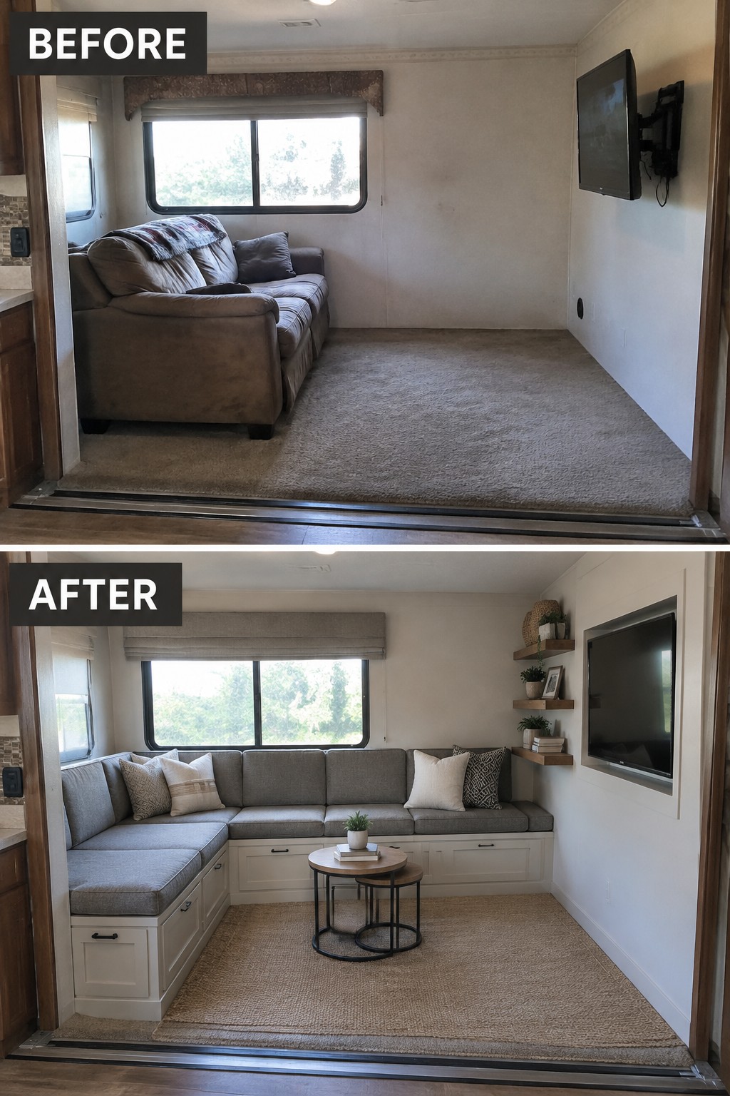 Before-and-after image of an RV living area changed from a sofa and open floor to built-in L-shaped seating with under-seat storage.