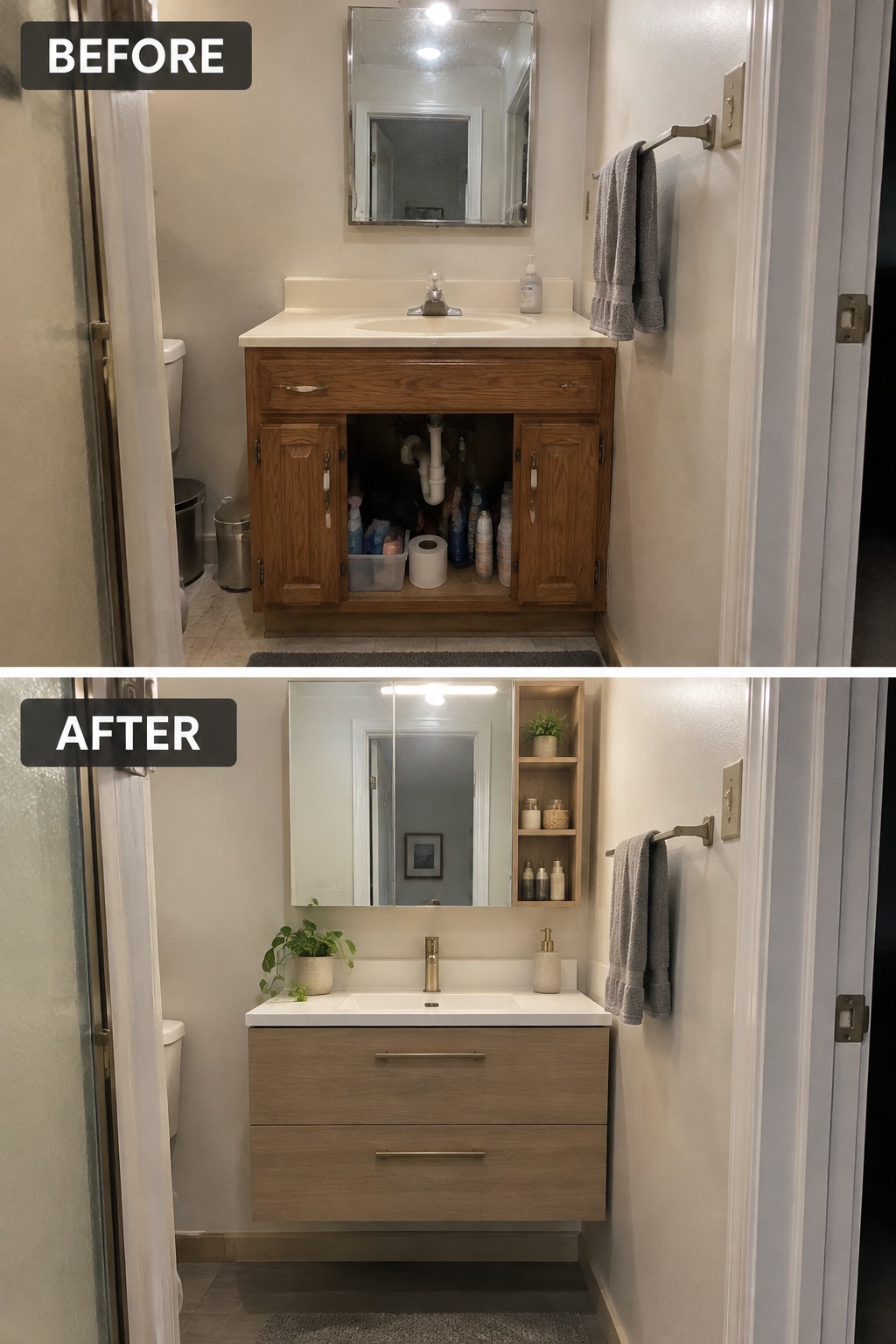 Before-and-after image of an RV bathroom updated with a wall-mounted vanity with two drawers and a mirrored storage cabinet.