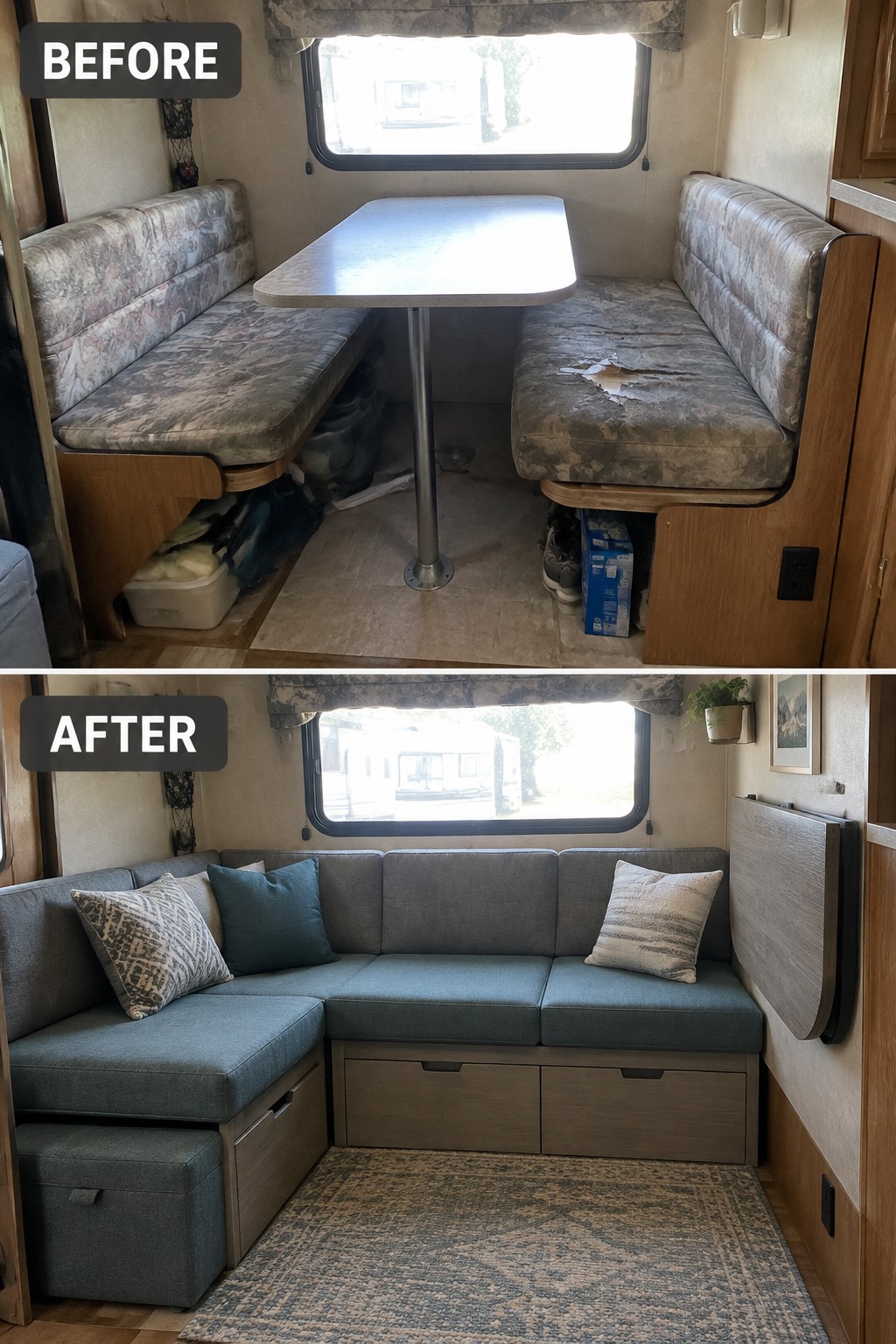 Before-and-after makeover image of an RV dinette with worn booth seating and a table changed to an L-shaped lounge with storage beneath the seats.