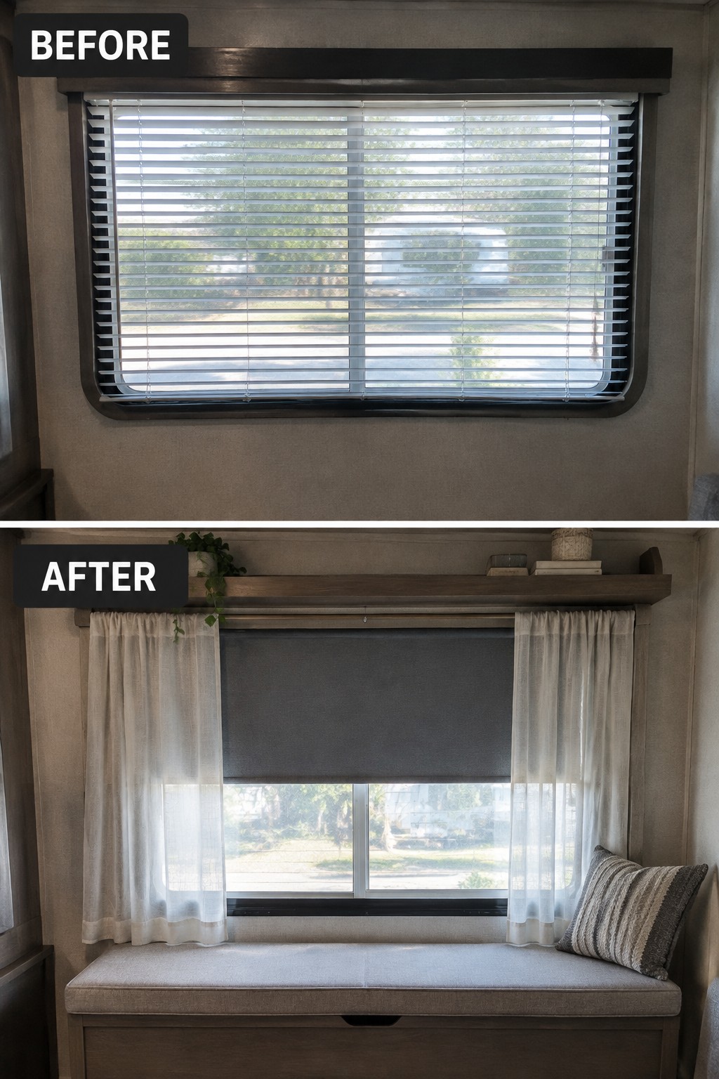 Before-and-after makeover image of an RV window changing from horizontal blinds to a dark roller shade with sheer curtains.