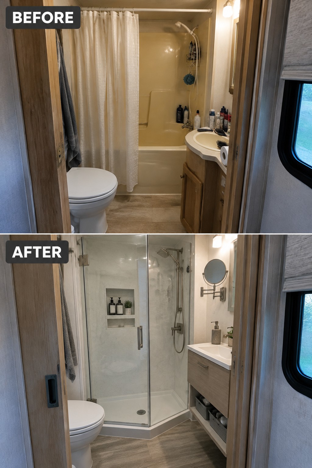 Before-and-after makeover image of an RV bathroom changed from a bathtub with a shower curtain to a glass-enclosed shower.