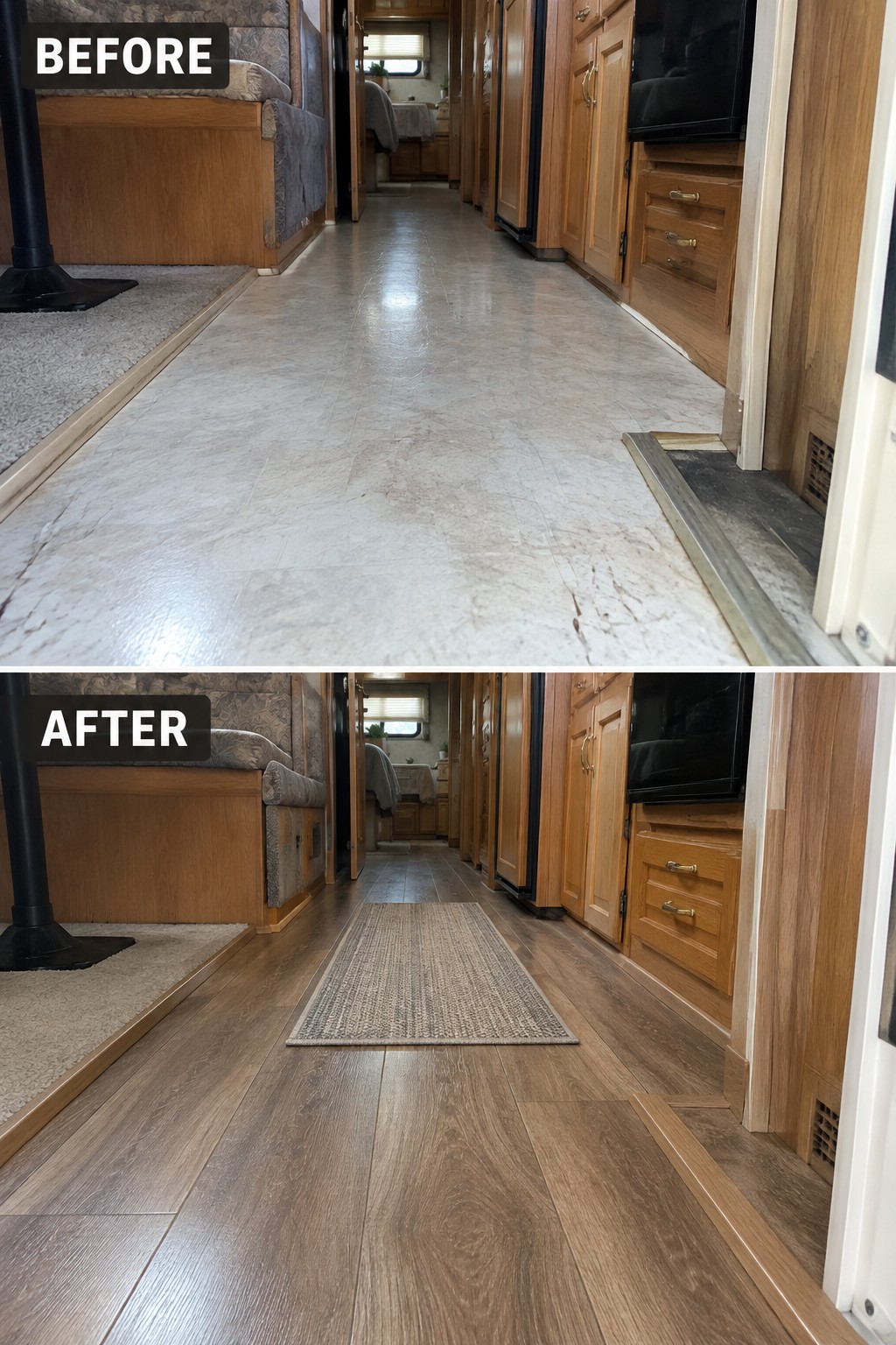 Before-and-after makeover image of an RV hallway with worn pale flooring replaced by wood-look plank flooring and a runner rug.