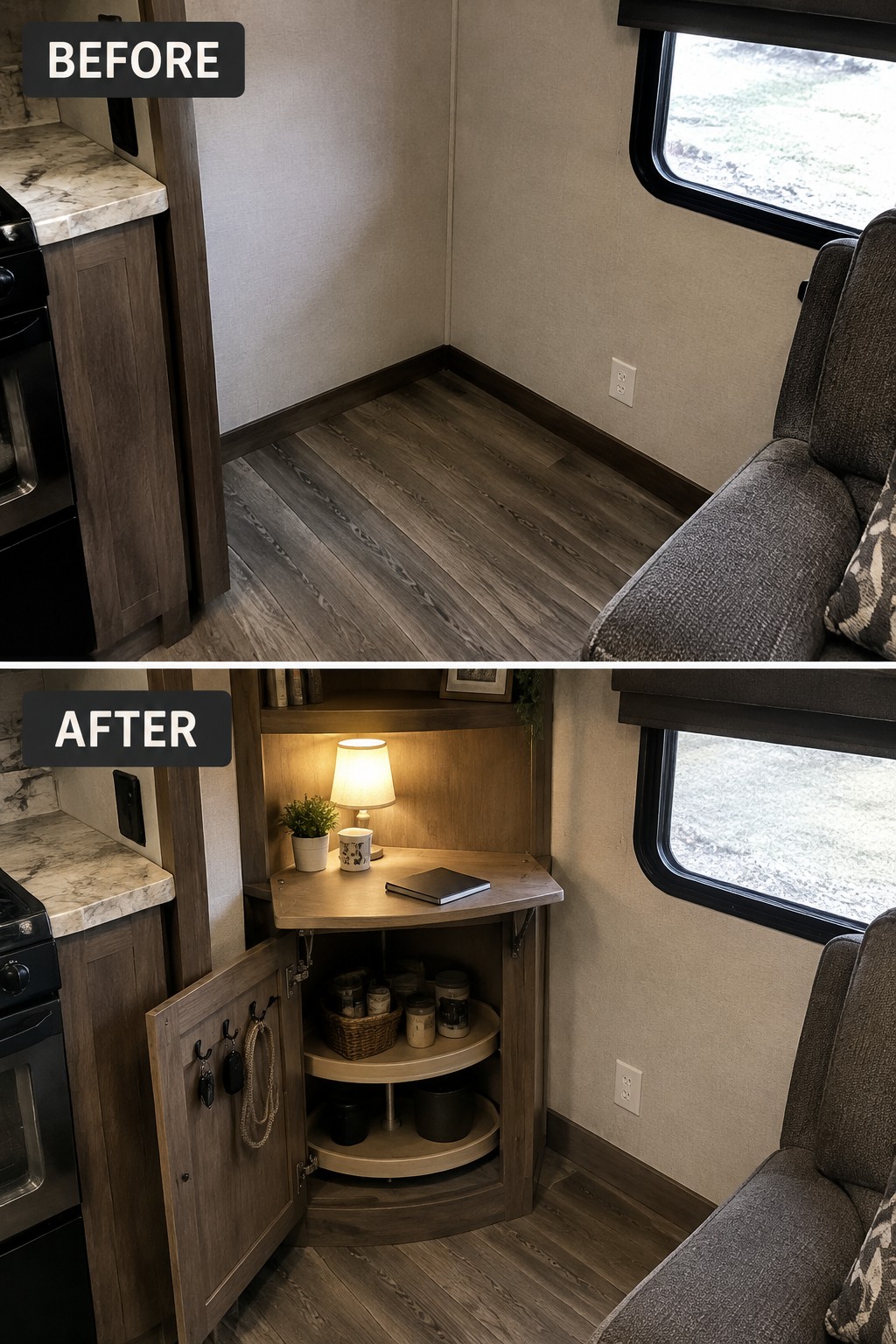 Before-and-after makeover image of an empty RV corner changed into a storage nook with a small tabletop and curved shelves inside a cabinet.
