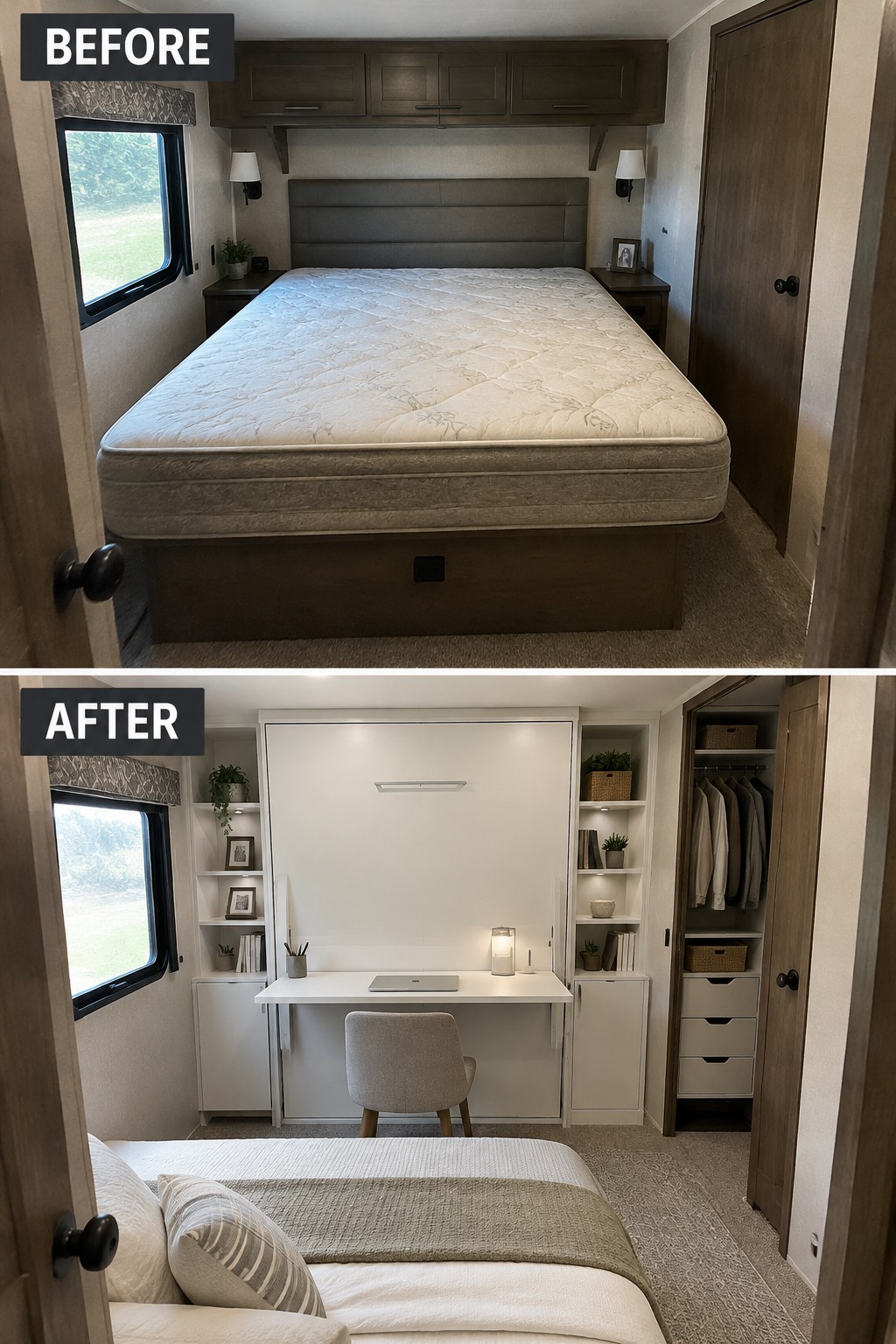 Before-and-after makeover image of an RV bedroom changed from a large bed beneath overhead cabinets to a desk with shelves and a closet.