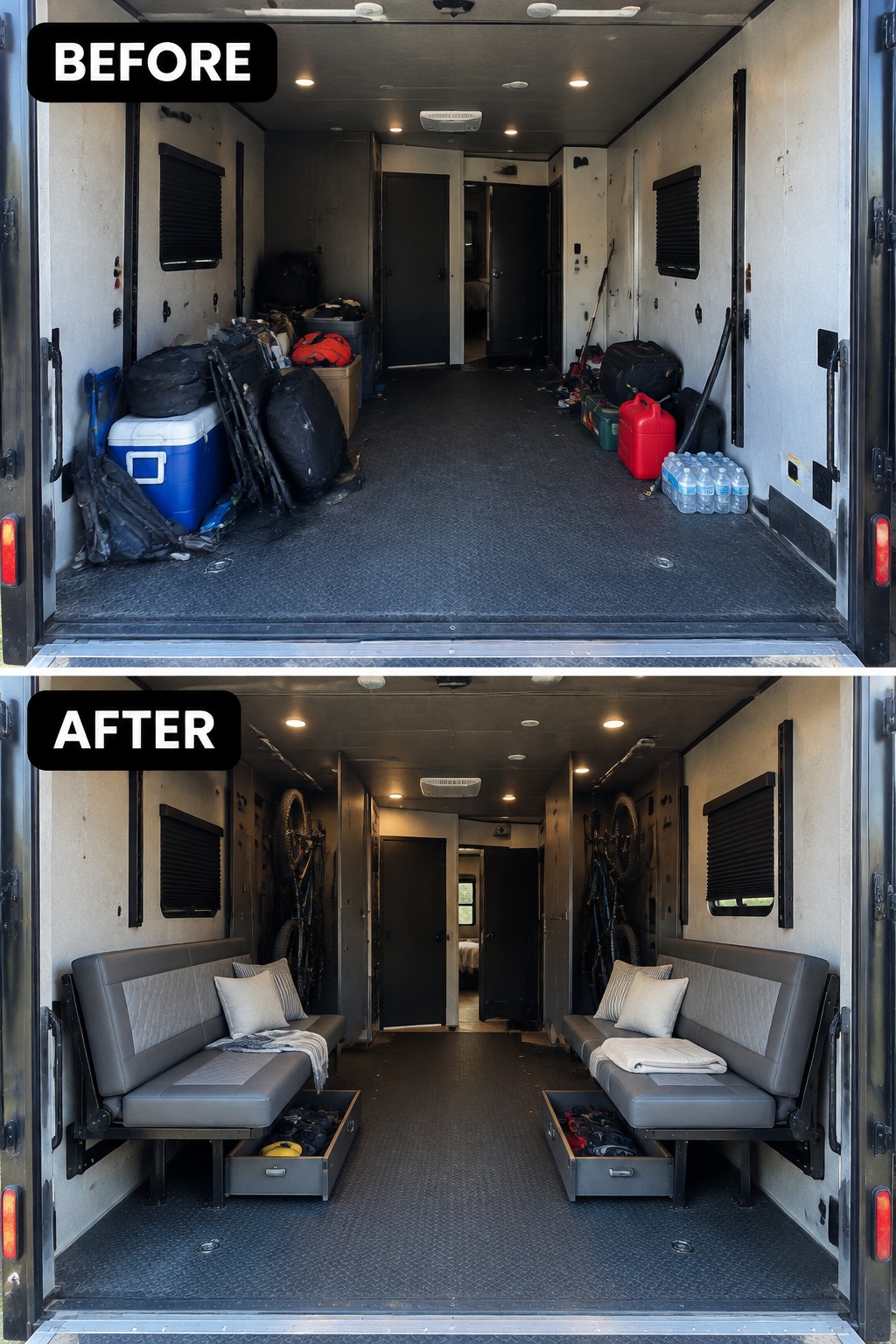 Before-and-after makeover image of a cluttered RV cargo trailer converted into a seating area with built-in benches and under-seat drawers.