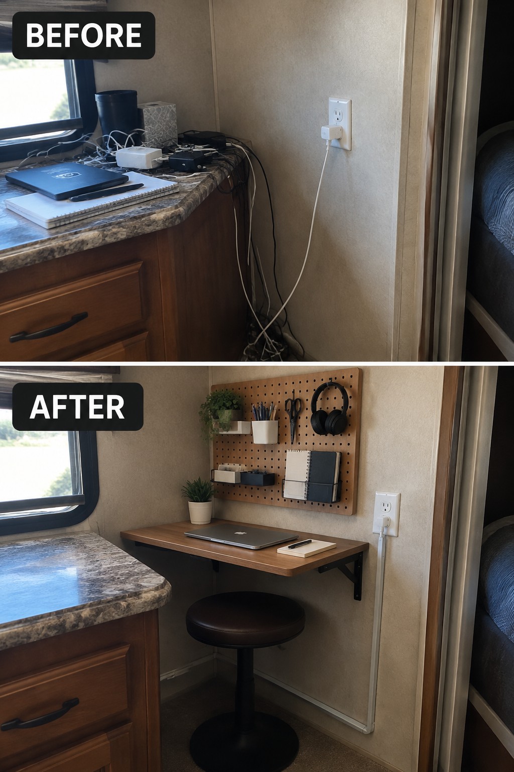 Before-and-after makeover image of a cluttered RV counter and tangled cords changed into a compact desk nook with a wall-mounted pegboard.