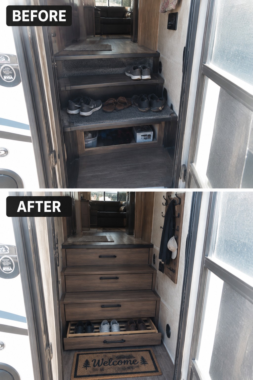Before-and-after makeover image of an RV entryway with open shoe shelves replaced by built-in drawers and a pull-out shoe rack.