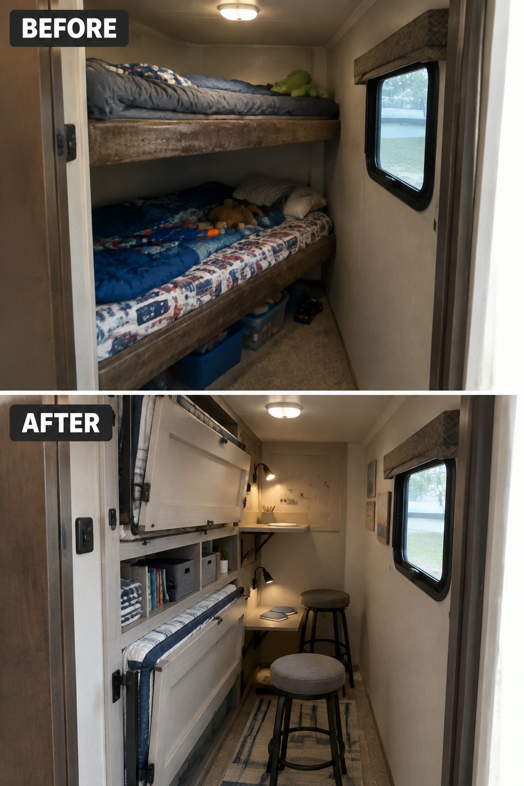 Before-and-after makeover image showing RV bunk beds replaced with a fold-away bed, open storage, and compact desk areas.